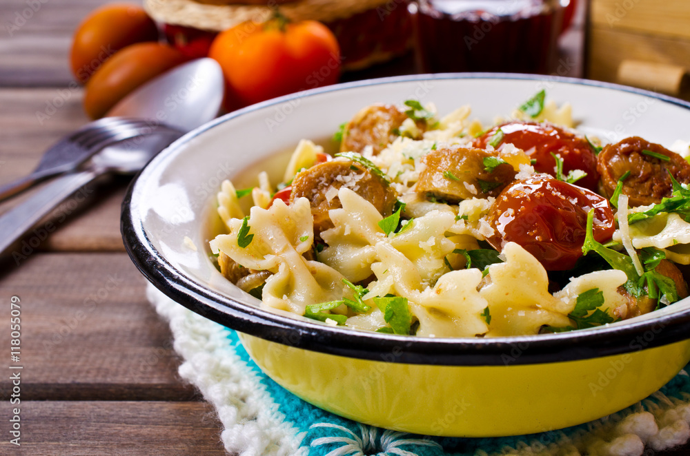 Farfalle pasta with sausage Farfalle pasta with sausage