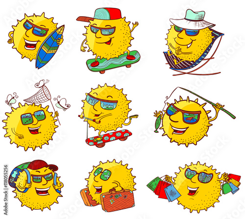 Vector set with doodle colorful sun characters in summer activity -shopping, camping, fishing, surfing