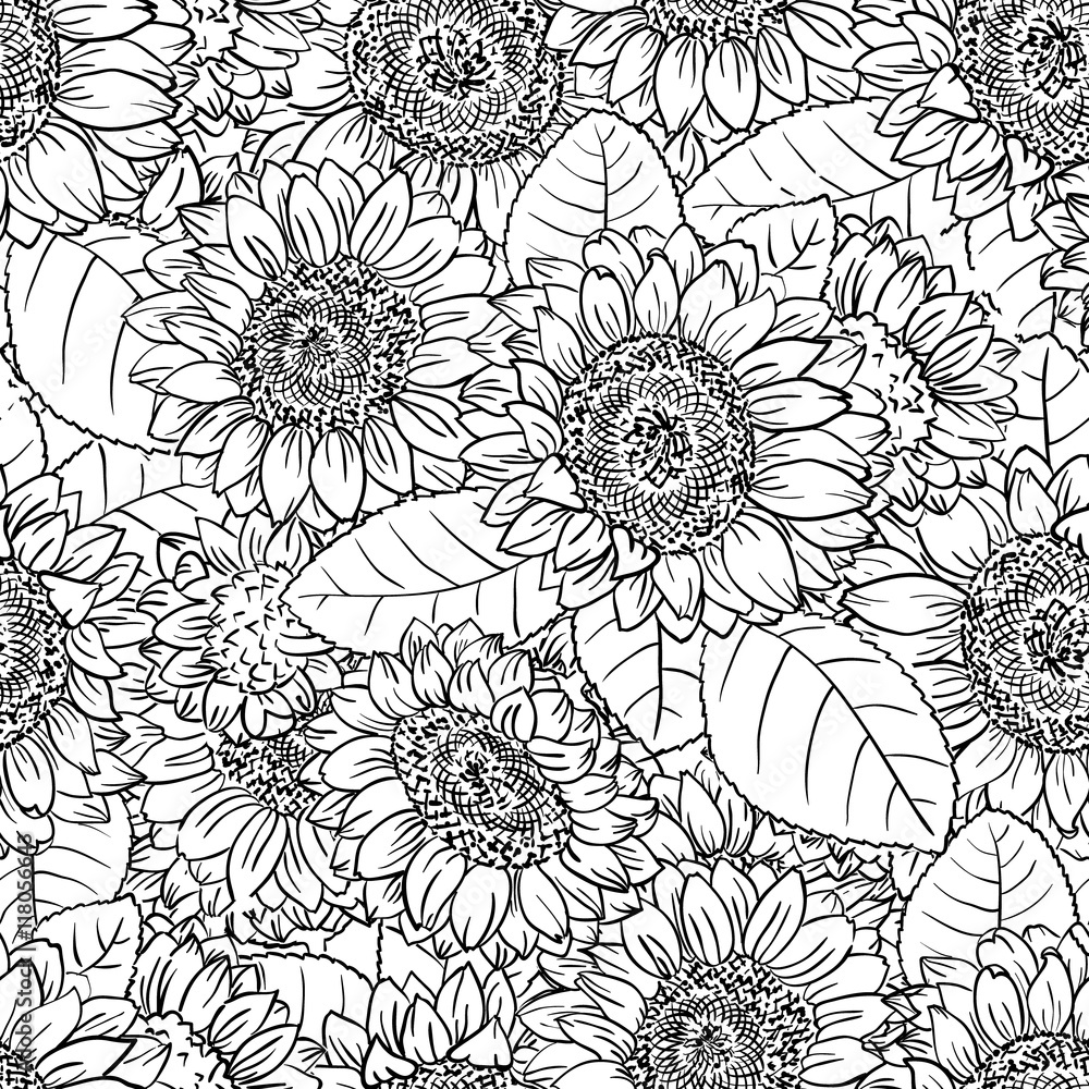 Fototapeta premium Vector doodle black and white seamless pattern with sunflowers