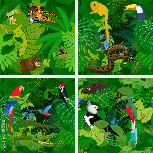 Seamless vector tropical rainforest Jungle background with kids animals