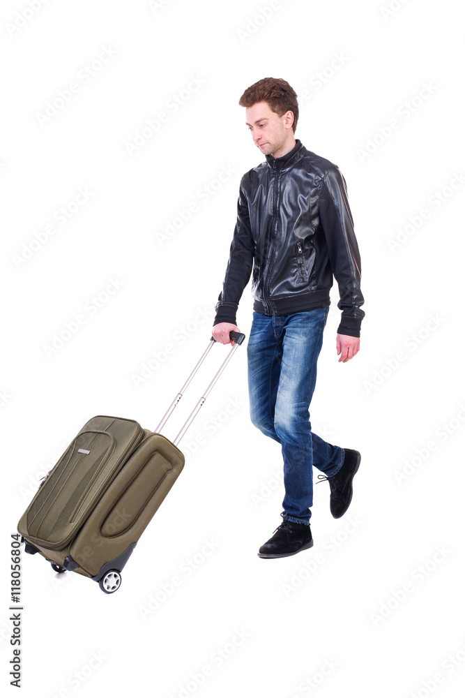 front view of walking man with suitcase. brunette guy in motion. backside view of person. Rear view people collection. Isolated over white background. Curly guy in a black leather jacket in front front view of walking man with suitcase. brunette guy in motion. backside view of person. Rear view people collection. Isolated over white background. Curly guy in a black leather jacket in front