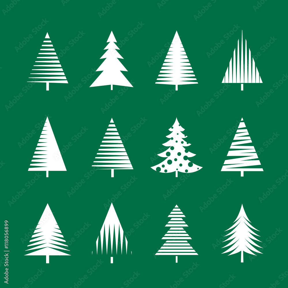 Set of White Christmas Tree. Vector Illustration and Icons.