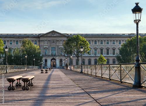 Paris. The Pont des Arts in Paris. Wooden bridge view in the morning. France. Updated Pont des Arts without padlocks. Center Dominique-Vivant Denon, Porte des Arts photo