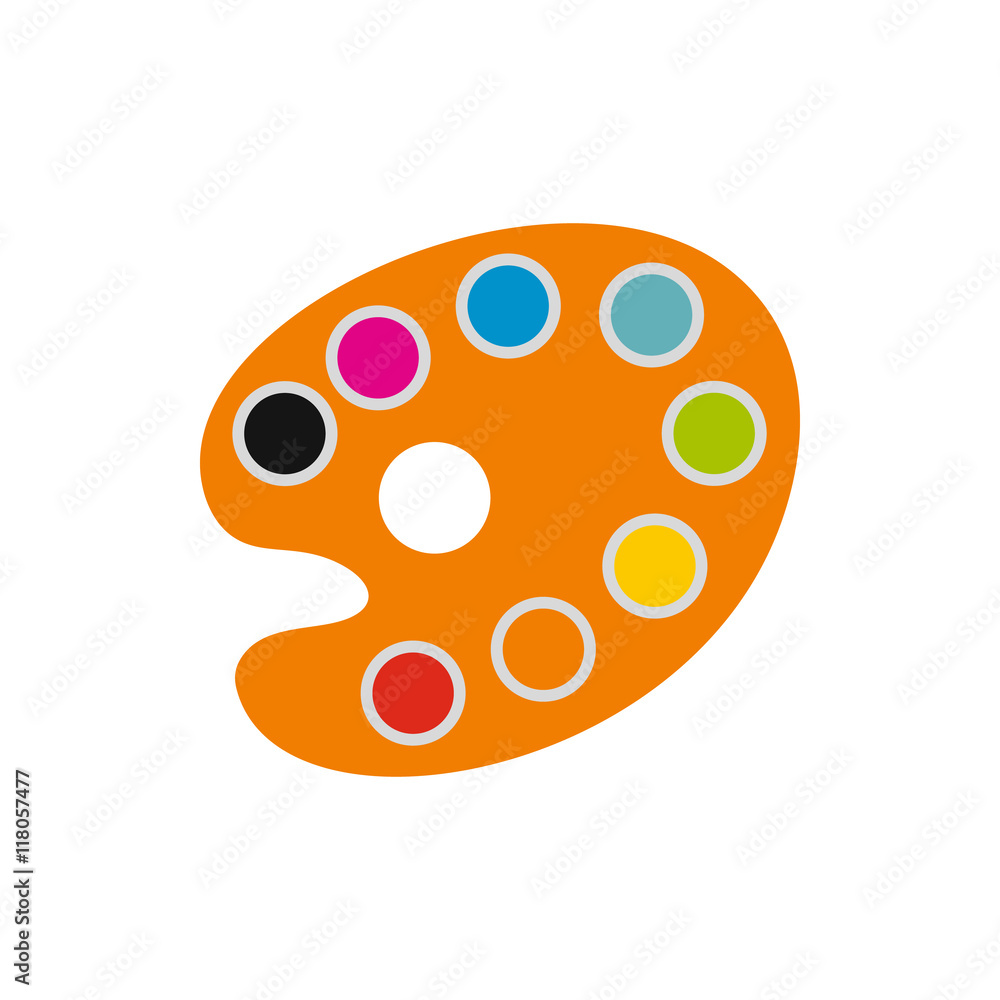 Orange art palette with paints icon in flat style on a white background Orange art palette with paints icon in flat style on a white background