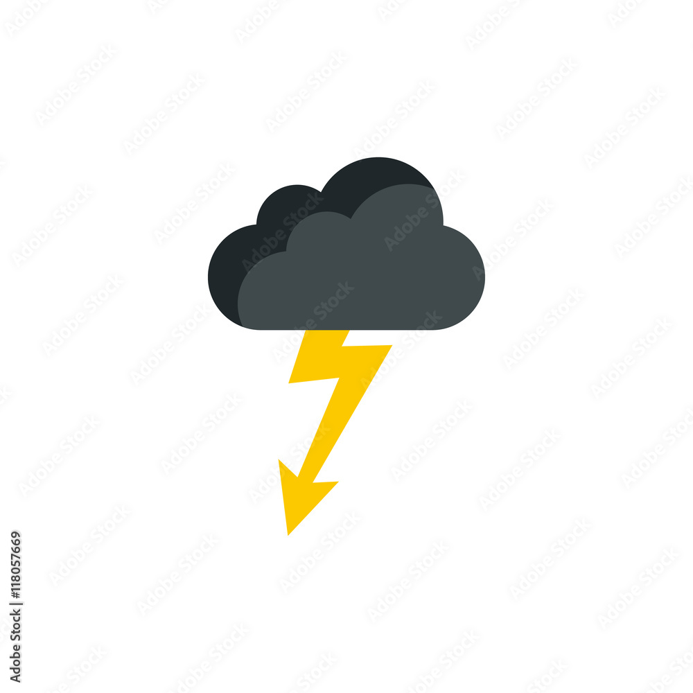 Gray cloud and lightning icon in flat style on a white background Gray cloud and lightning icon in flat style on a white background