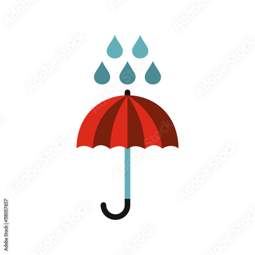 Red umbrella and rain drops icon in flat style on a white background