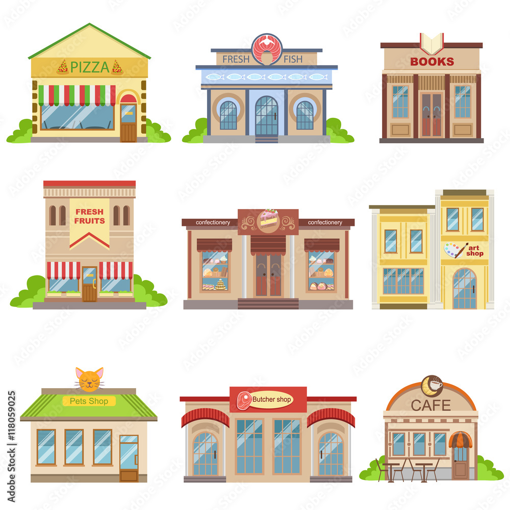 Fototapeta premium Commercial Buildings Exterior Design Set Of Stickers