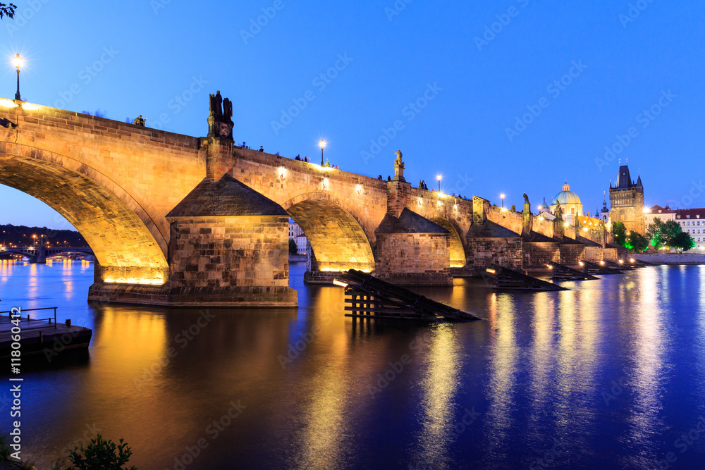 Old stone bridge Charles Prague medieval landmark night travel, Prague, Czech republic