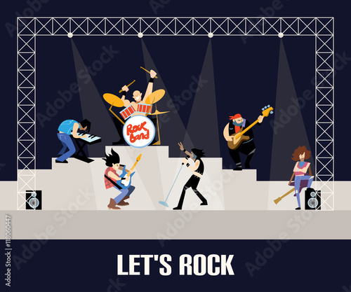 Rock band music group on stage concert on with musicians concept of artistic people vector illustration