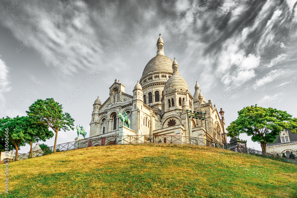 Sacre-Coeur Basilica (Basilica of the Sacred Heart) in Paris, France. Art post production.