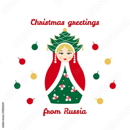 Christmas greetings from Russia, card with russian traditional wooden toy, babushka, matryoshka. New Year theme vector illustration. Retro nested doll design background. Winter holidays