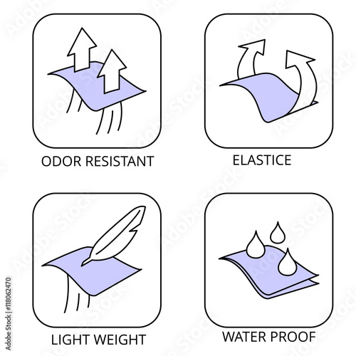 Garmenrt properties icons. Waterproof, Sun protection, elastane, Breathable, Membrane, Waterproof, Solar protection, Whater resistant