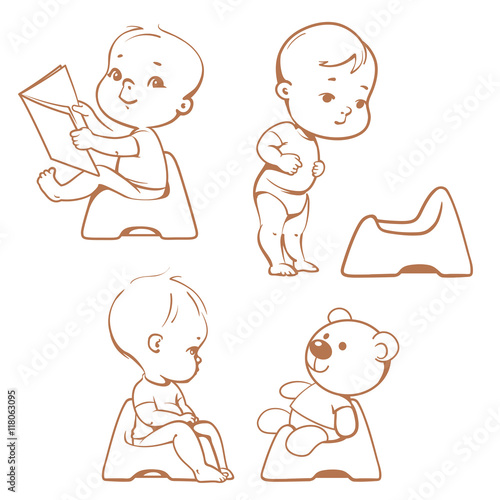 Potty training. Babies in toilet. Sketch.