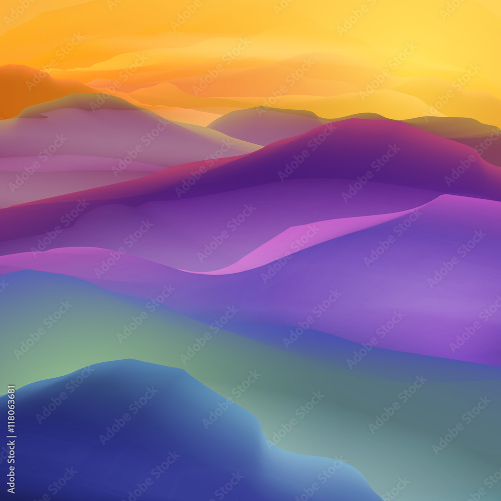 Sunset or Dawn Over the Mountains Landscape - Vector Illustration
