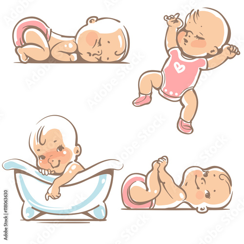Cute babies in pink clothes.
