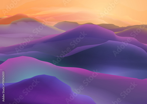 Sunset or Dawn Over the Mountains Landscape - Vector Illustration