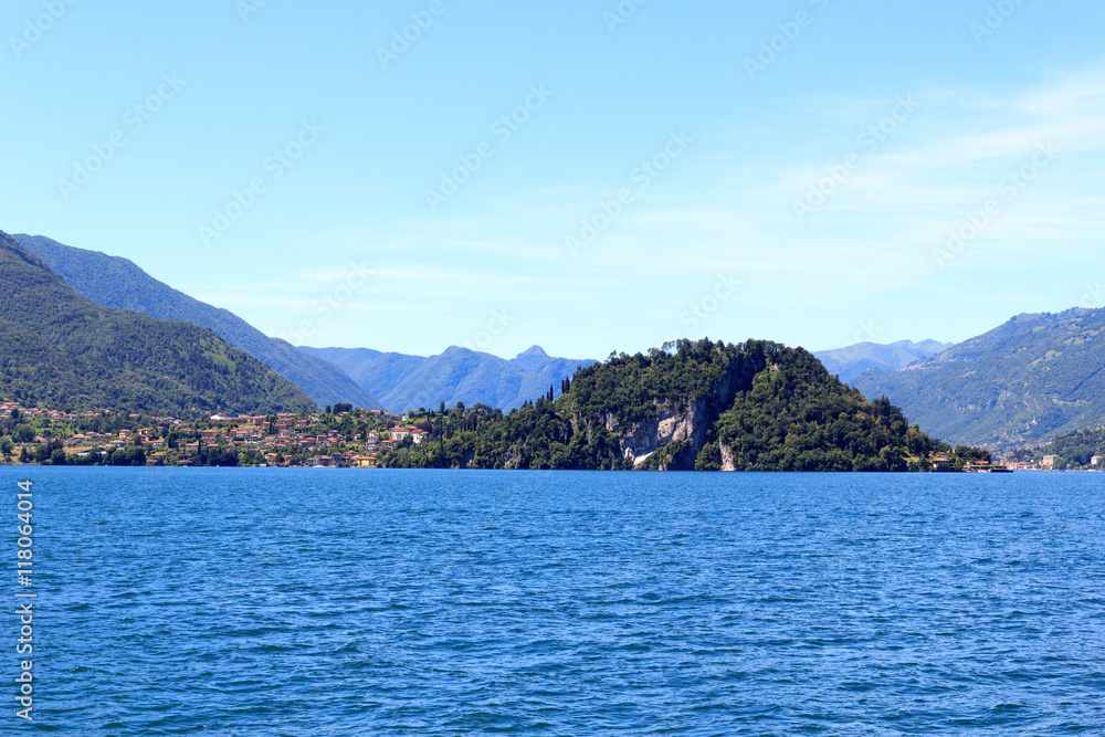 View towards lakeside city Bellagio at Lake Como with mountains in Lombardy, Italy