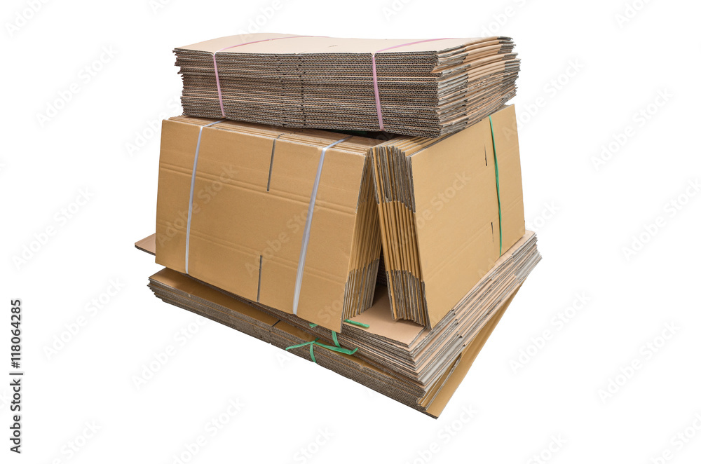 stack of corrugated cardboard boxes tied with nylon rope isolate