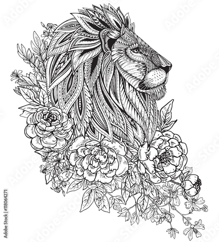 Hand drawn graphic ornate head of lion with ethnic floral doodle