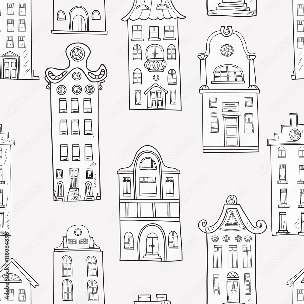 Seamless pattern of hand-painted homes. Monochrome gamma . Pattern for coloring book . Vector graphics .