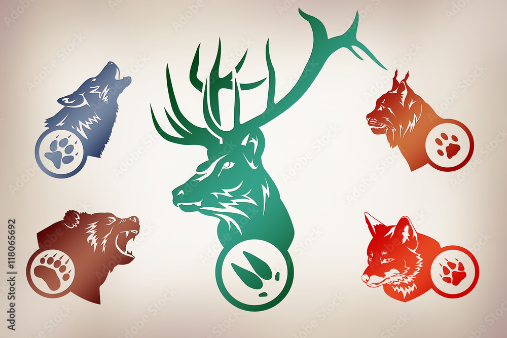 Fototapeta premium Иллюстрация по следам животных. Волк, Медведь, Рысь, Лиса, Олень.