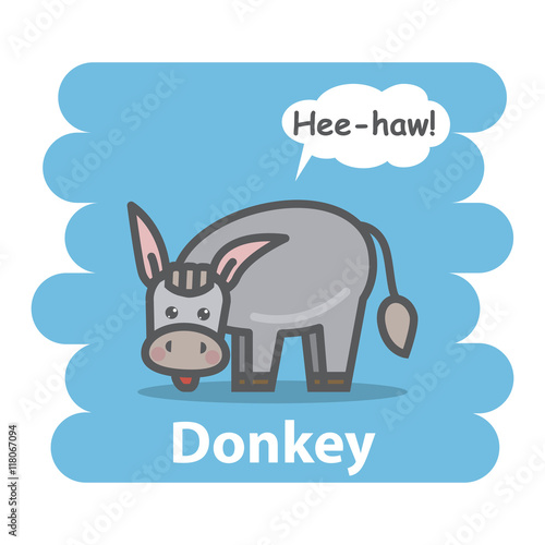 Donkey vector illustration on isolated background.Cute Cartoon donkey farm animal character speak Hee-how on a speech bubble.From the series what the say animals