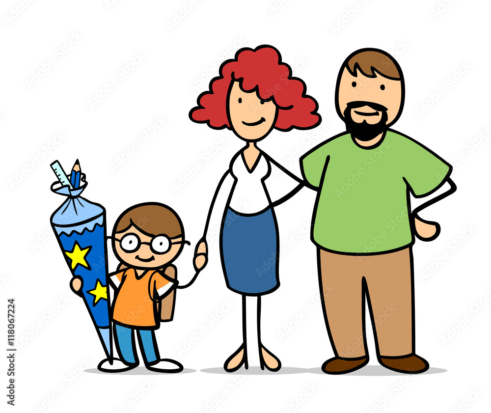 Junge mit Eltern und Schultüte bei Einschulung Junge mit Eltern und Schultüte bei Einschulung