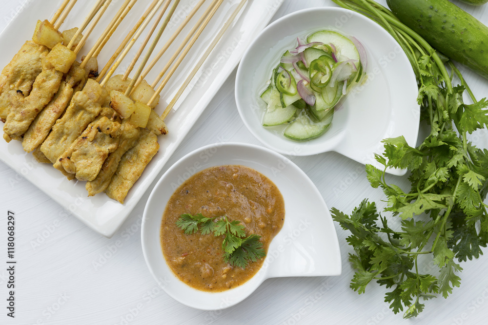 Pork Satay with two sauce and vegetables