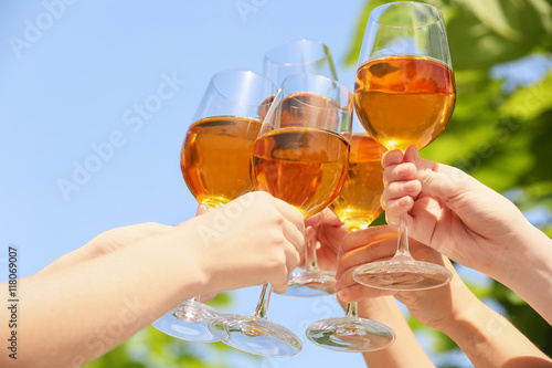 Female hands clinking glasses with white wine outdoors