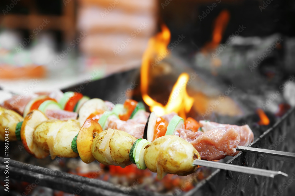 Fresh barbecue on fire, closeup