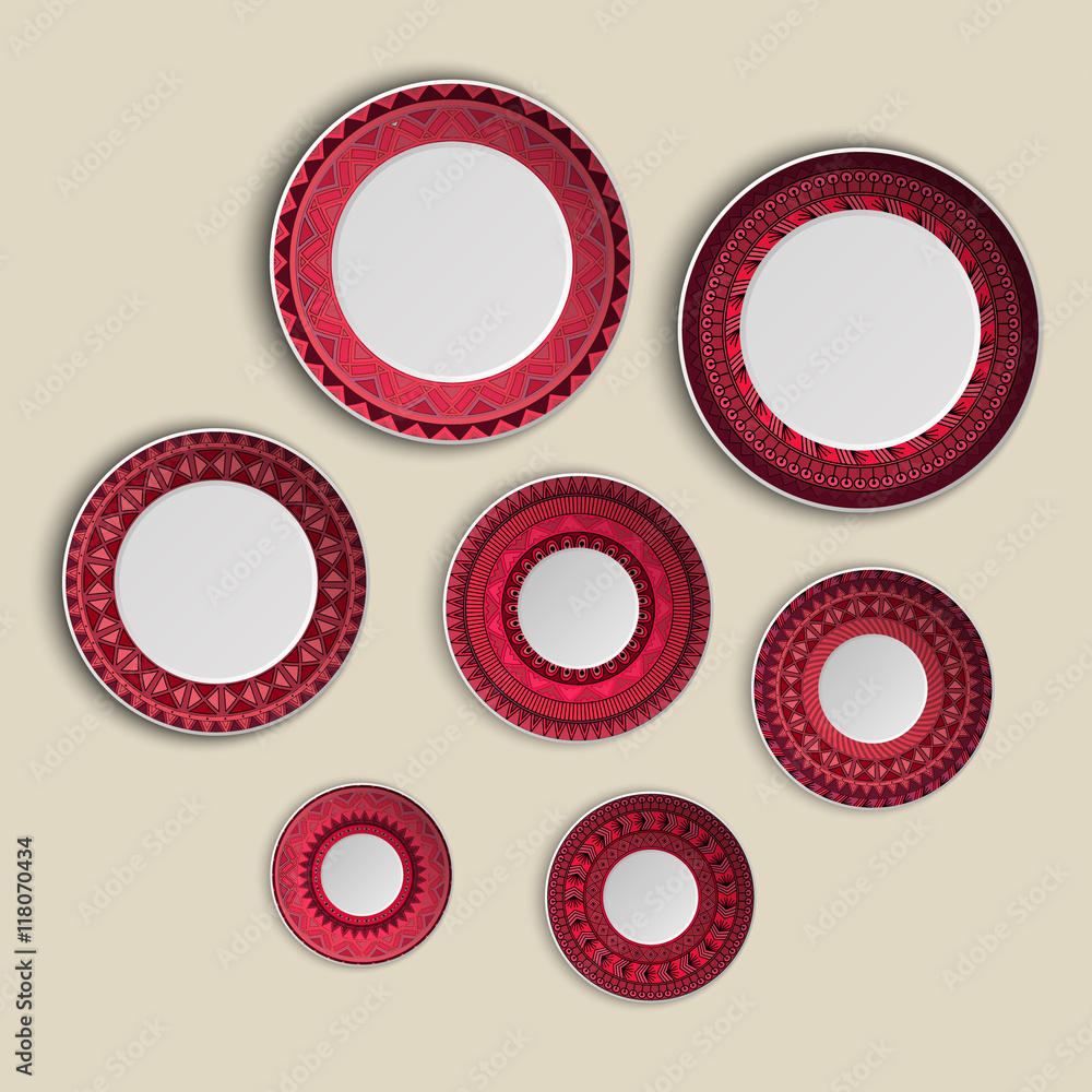 Set of plates with elegant ethnic tribal mandala ornament in boho style. Home decor vector illustration. Set of plates with elegant ethnic tribal mandala ornament in boho style. Home decor vector illustration.