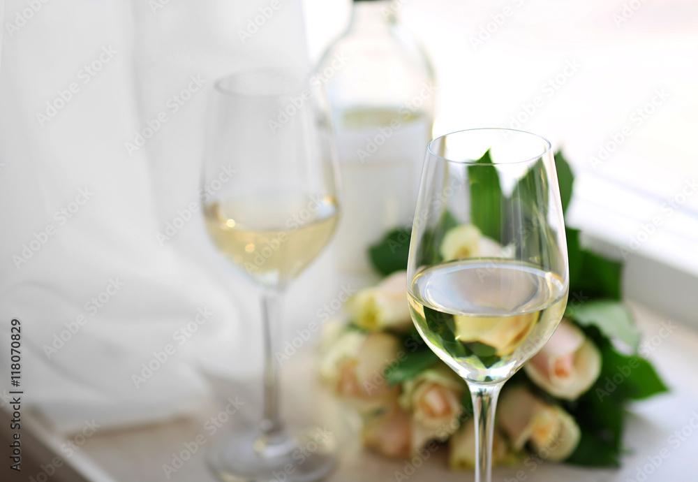 Gentle composition of romantic date with wine and flowers Gentle composition of romantic date with wine and flowers