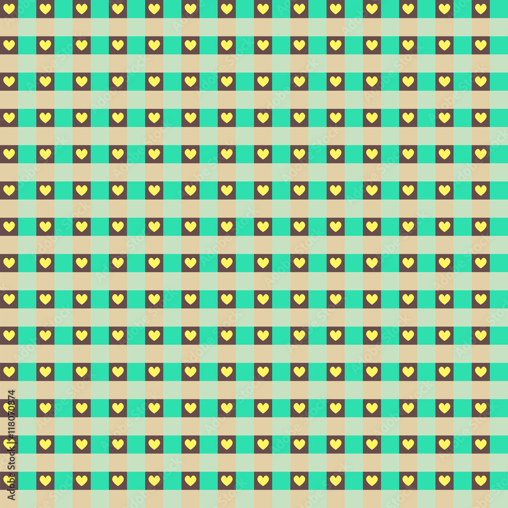 Seamless Hearts & Gingham Pattern in pastel aqua and green yellow grey brown Seamless Hearts & Gingham Pattern in pastel aqua and green yellow grey brown