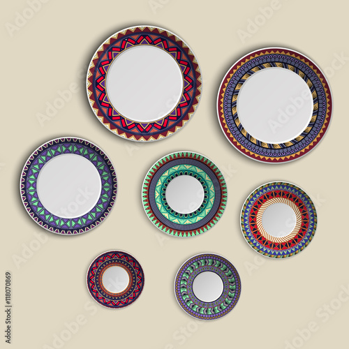 Set of plates with elegant ethnic tribal mandala ornament in boho style. Home decor vector illustration.