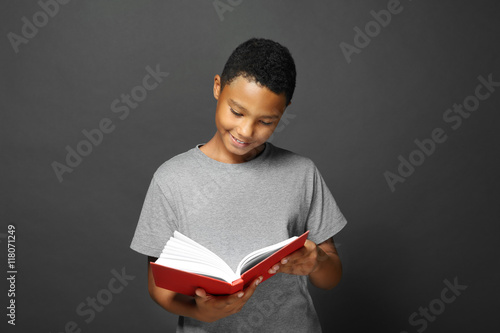 Cute boy reading book on gr...