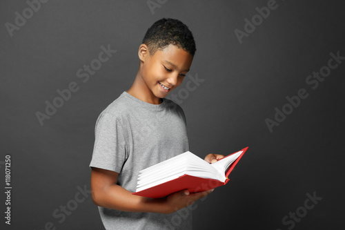 Cute boy reading book on gr...