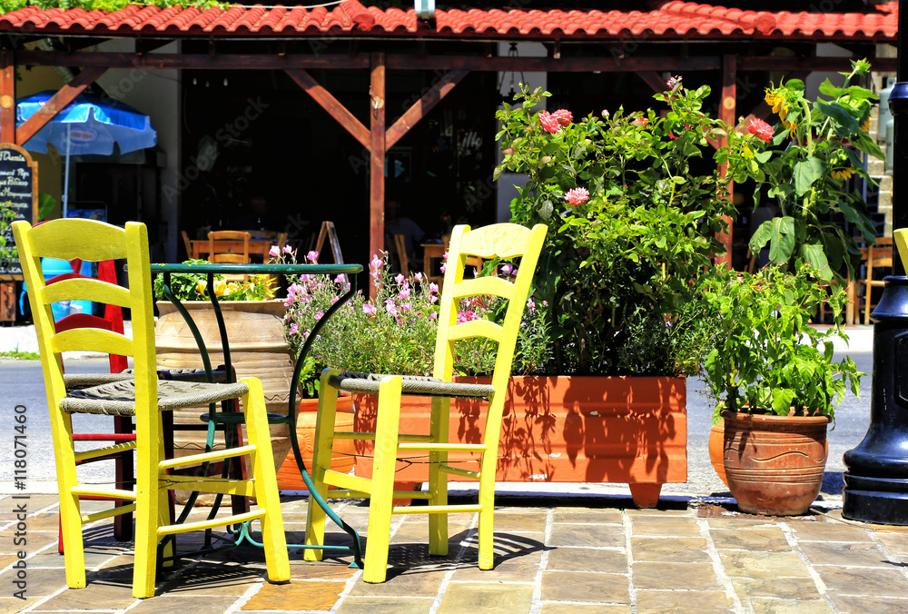 Table and chairs at a Taverna in Kandanos, Crete