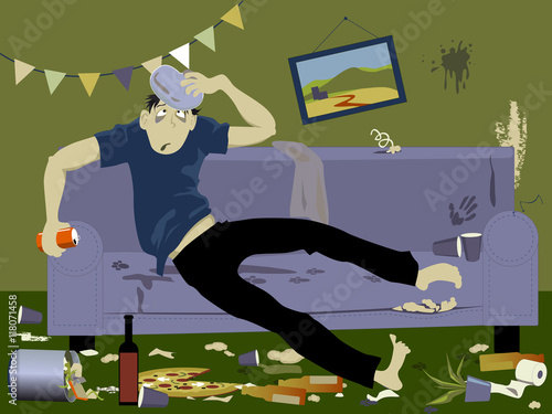Young man suffering from a hangover sitting on a couch in a messy room after a party, EPS 8 vector illustration, no transparencies