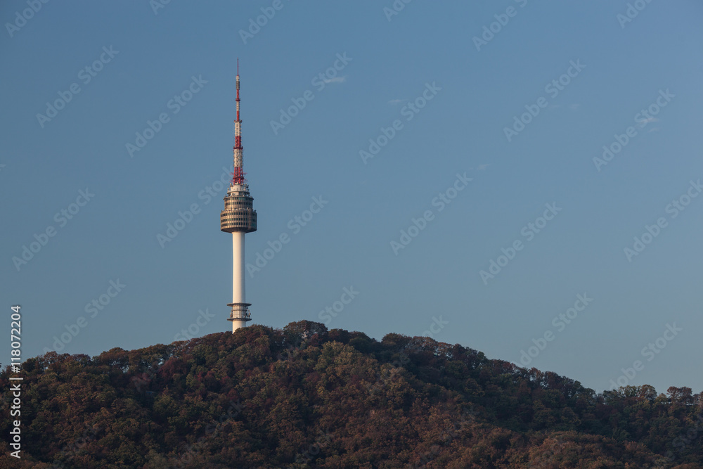 View to N Seoul Tower dominating over forested hill. It is a communication and observation tower in city center at 236 m height. South Korea View to N Seoul Tower dominating over forested hill. It is a communication and observation tower in city center at 236 m height. South Korea