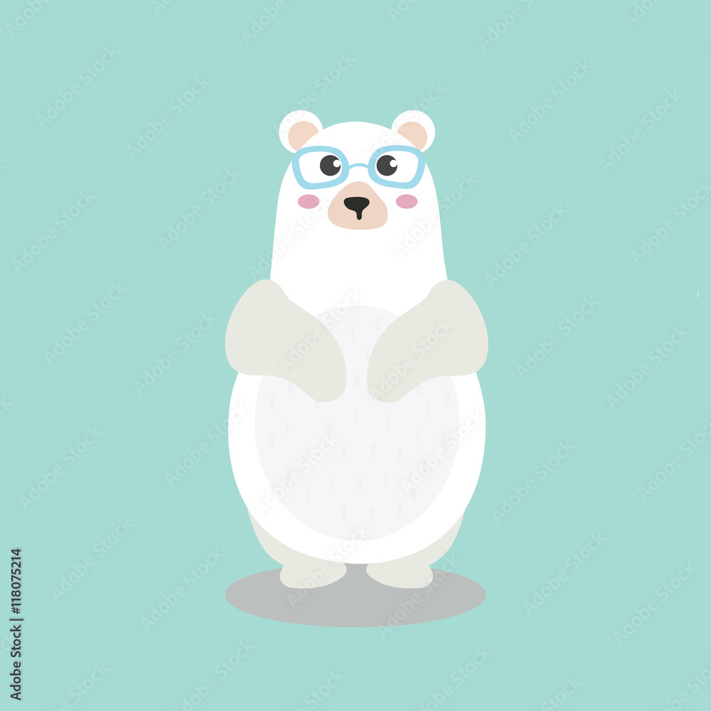 A Cute Polar bear character with funny nerd glasses isolated on sky blue background. Flat design vector illustration.
A Cute Polar bear character with funny nerd glasses isolated on sky blue background. Flat design vector illustration.