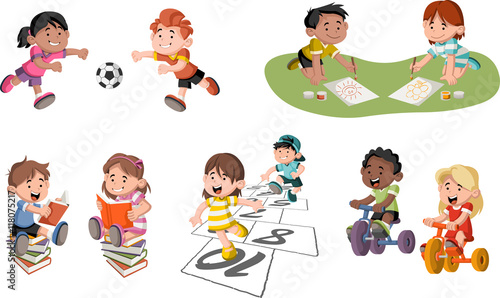 Cute happy cartoon children playing. Sports and toys.