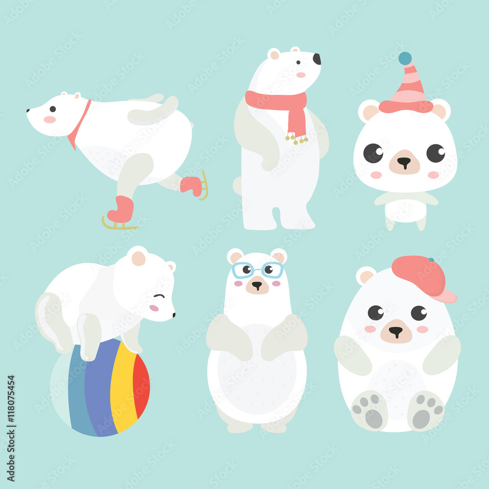 Cute cartoon polar bear in different poses.
Cute cartoon polar bear in different poses.