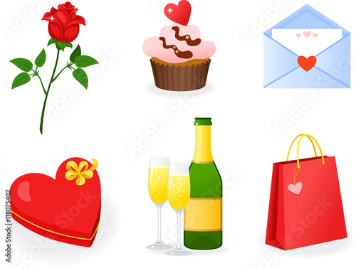 St. Valentine's Day icons set with rose, cupcake, letter, chocolate box, champagne and bag