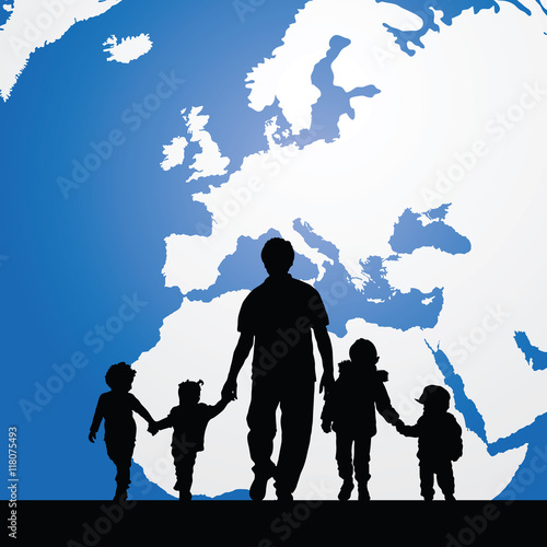migration father with children map in background illustration