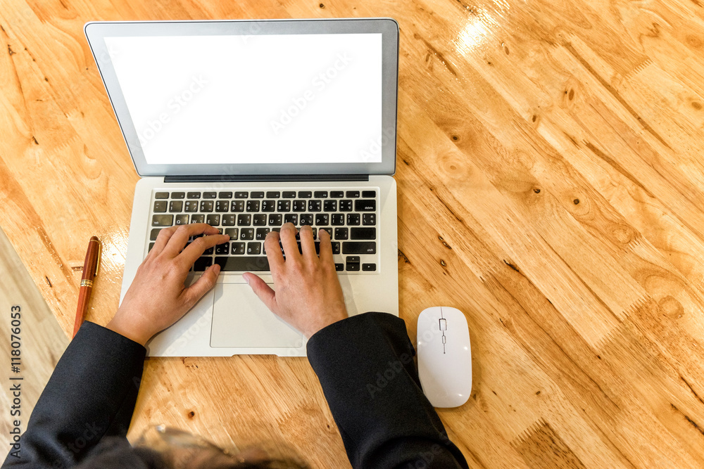 Fototapeta premium businessman using laptop in home office with workspace