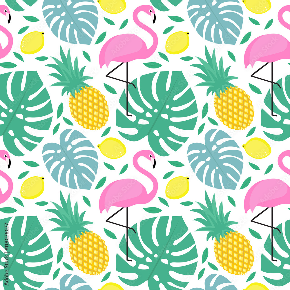 Naklejka premium Seamless decorative pattern with flamingo, pineapple, lemons and green palm leaves. Tropical monstera leaves illustration with fruits and exotic bird.Fashion design for textile, wallpaper, fabric.