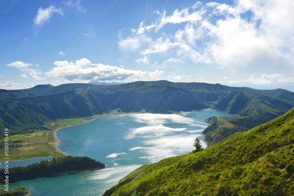 amazing landscape view crater volcano lake in Sao Miguel island Azores Portugal in turquoise water