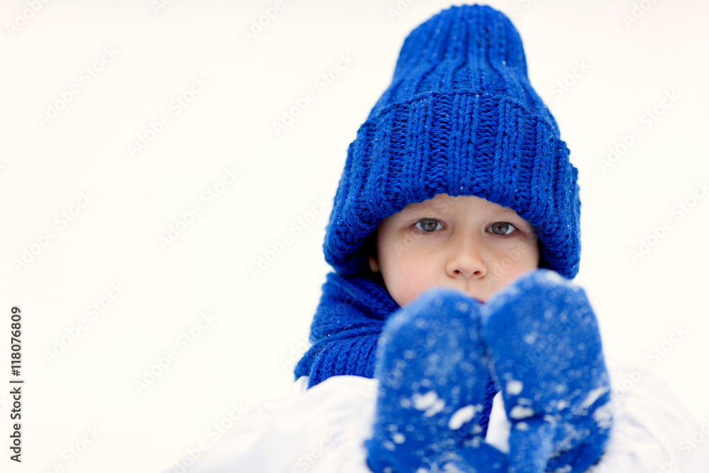 Happy boy in costumes snowman walking in winter forest, Happy boy in costumes snowman walking in winter forest,