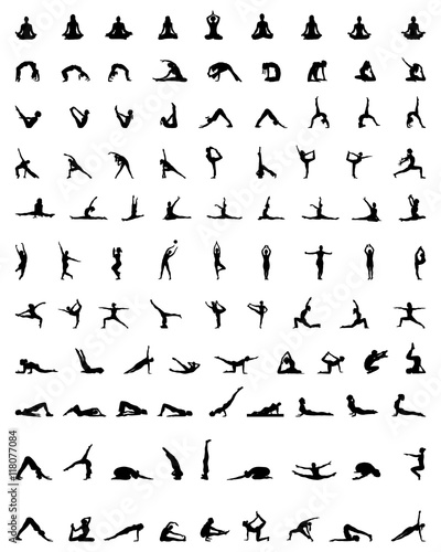 Black silhouettes of yoga and fitness, vector