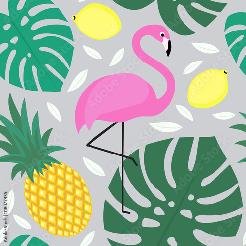 Tropical monstera leaves pattern with tropical fruits and exotic bird. Seamless background with flamingo  pineapple  lemons and green palm leaves. Fashion design for textile  wallpaper  fabric etc.